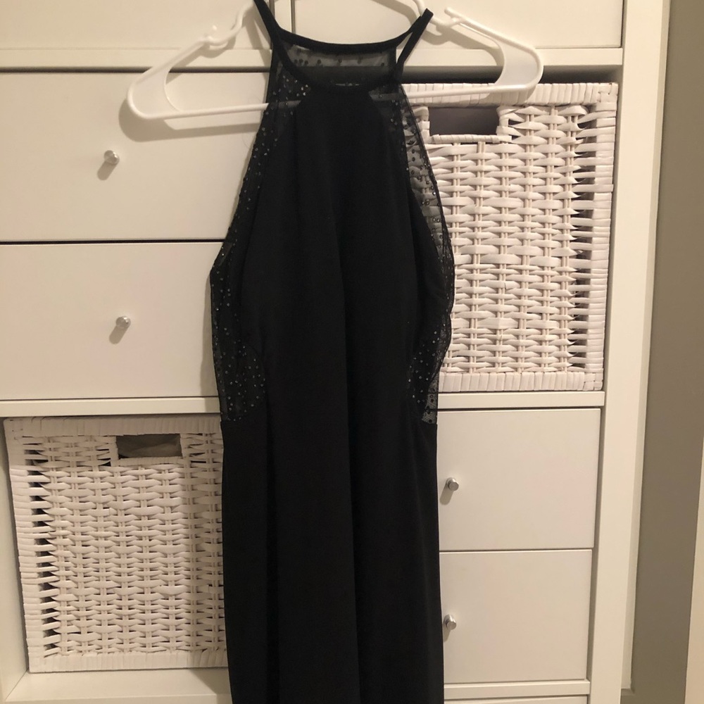 High neck black cocktail dress with glittery back